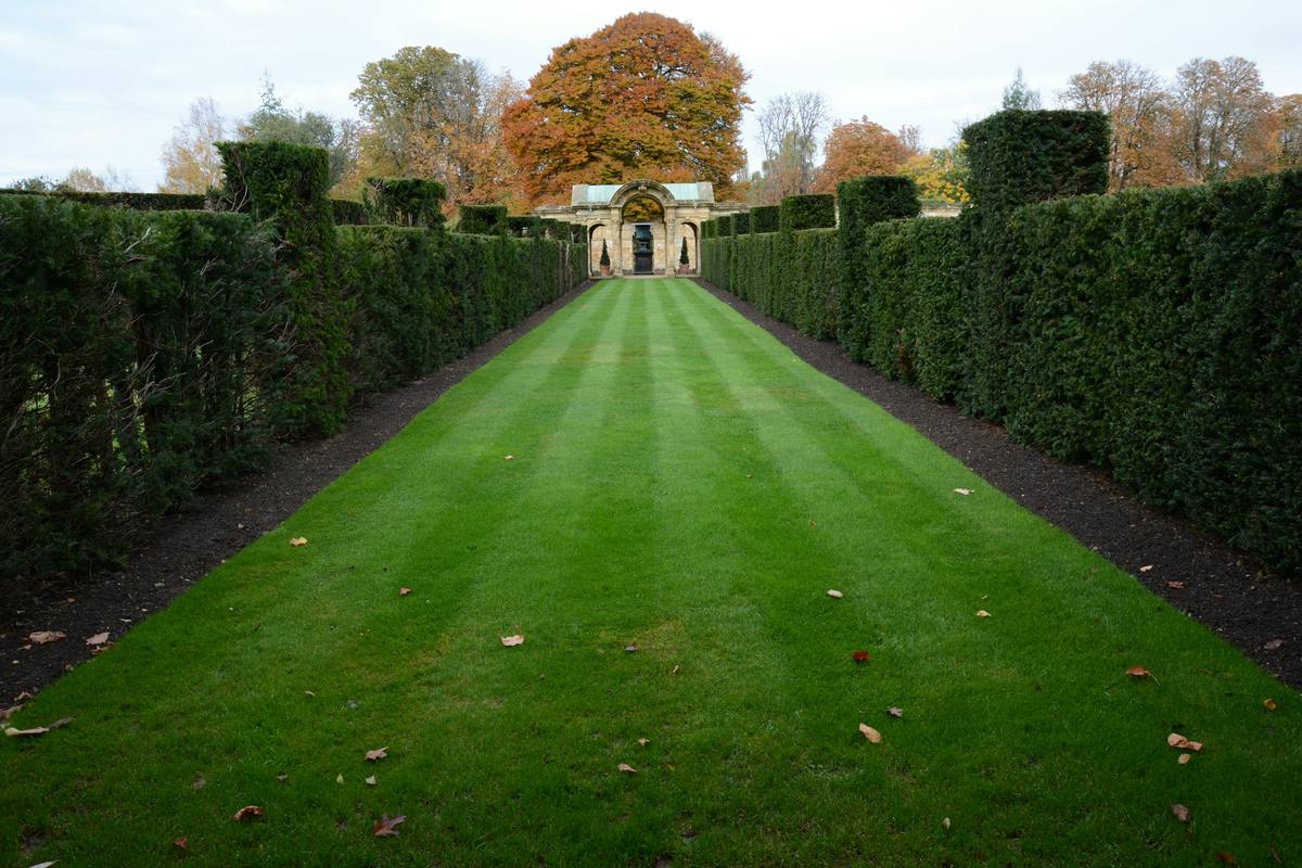A long, freshly mowed lawn with crisp light and dark stripes, running between neatly trimmed hedges toward autumn trees.